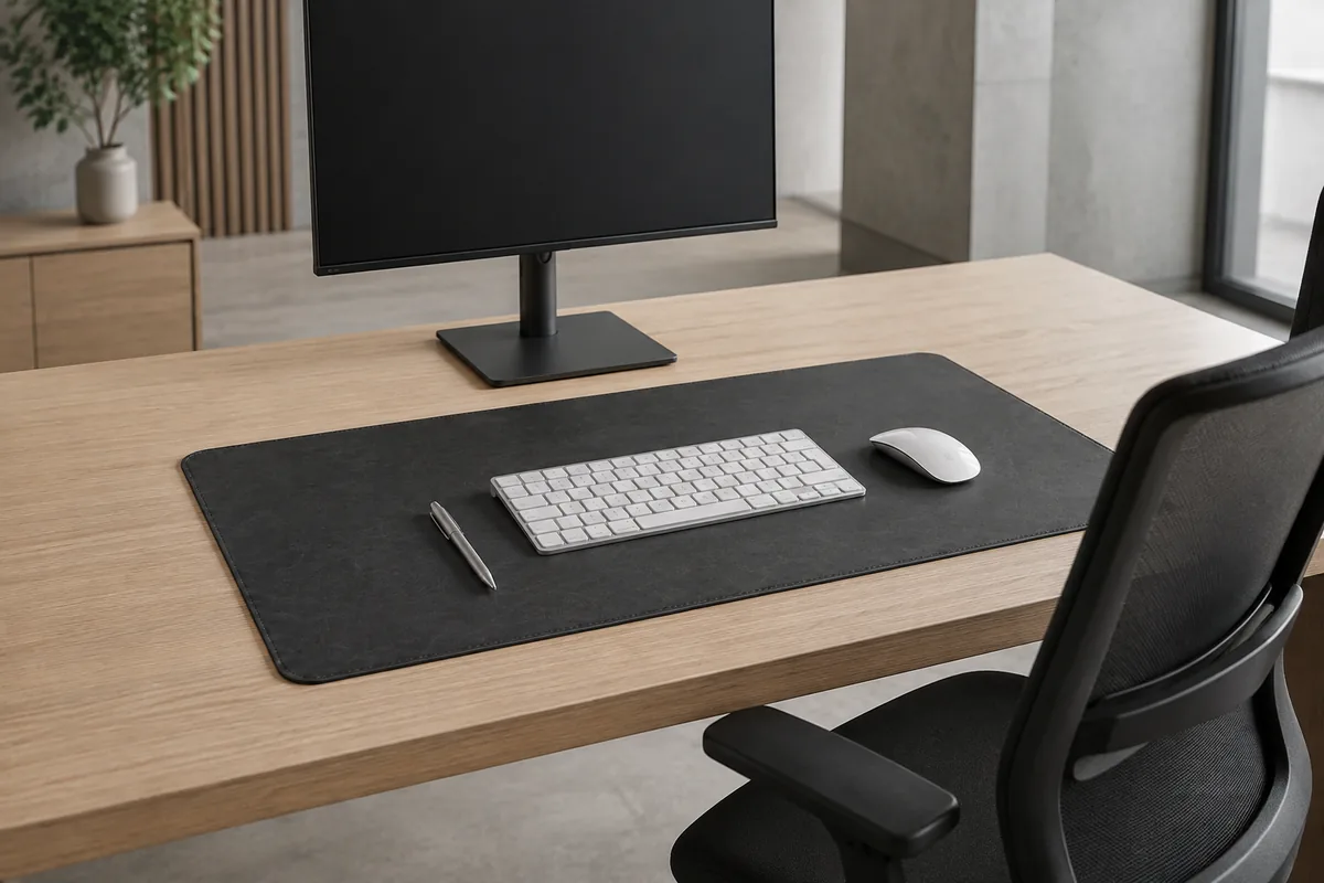 Sous-main en cuir PU noir couvrant le devant d'un bureau en bois clair, avec un clavier, une souris et un stylo posés dessus
