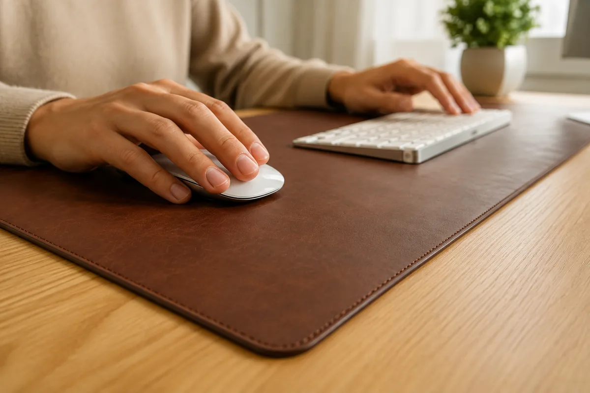Vue au ras du plateau pendant l'utilisation de la souris : le bord du sous-main reste parfaitement plaqué au bureau, rectiligne, sans se soulever