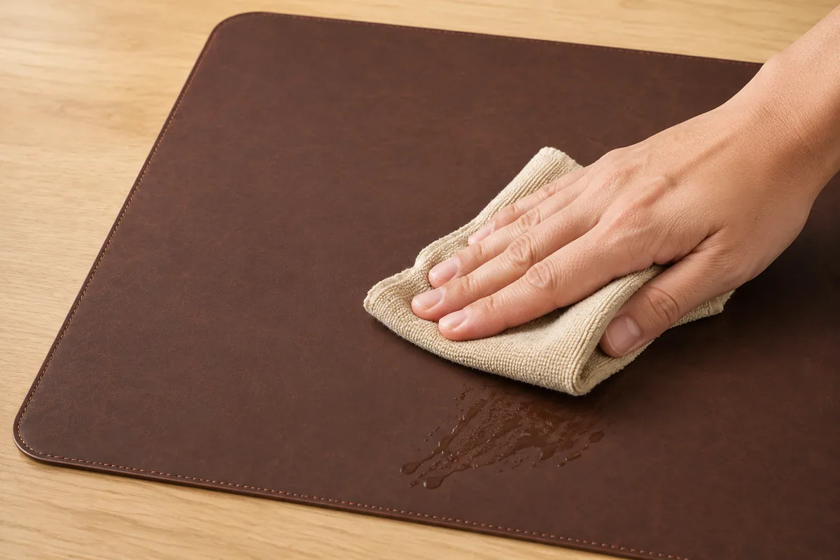Main passant un chiffon sur la surface d'un sous-main brun pour essuyer une trace de liquide