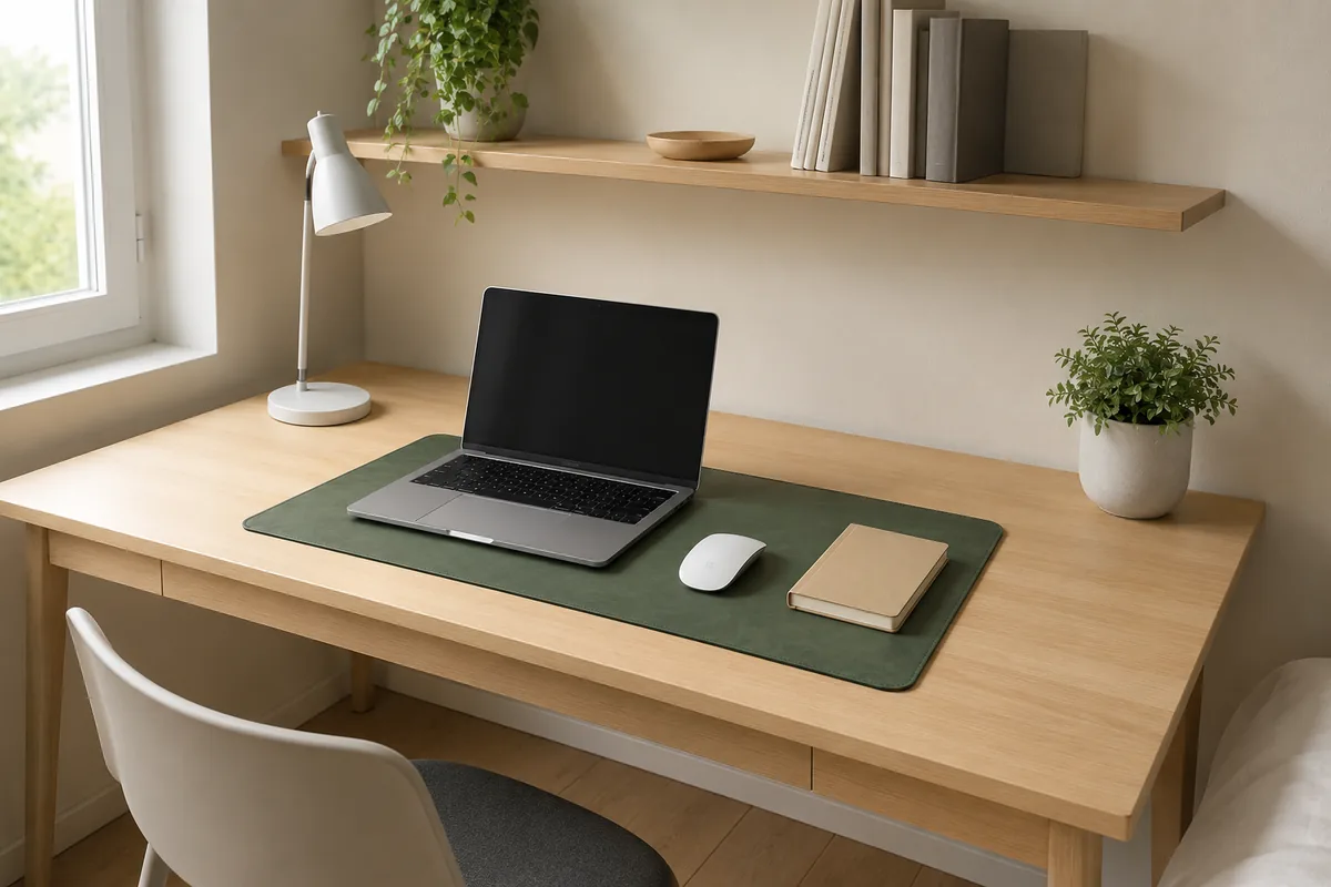 Petit bureau de studio avec un sous-main vert kaki au format 30 × 60 cm, un ordinateur portable compact, une souris et un carnet