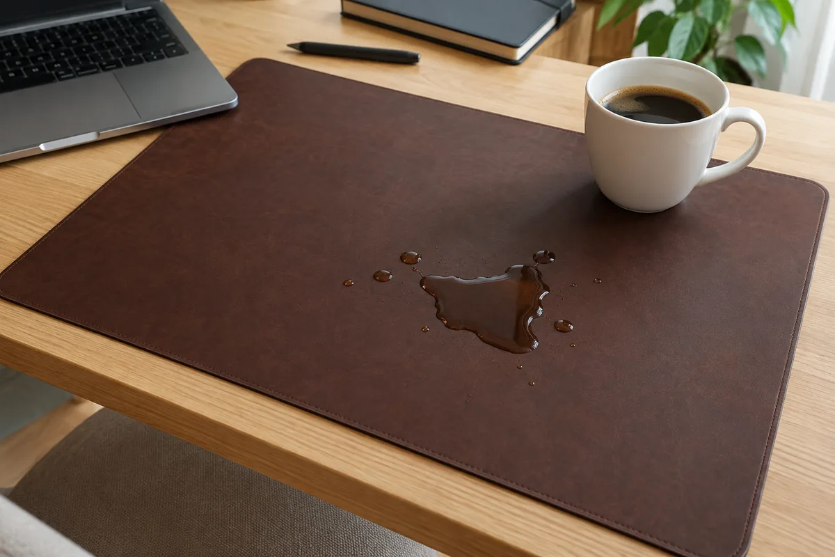 Petite flaque de café restée en surface sur un sous-main en cuir PU brun foncé, le plateau en bois visible autour restant parfaitement sec