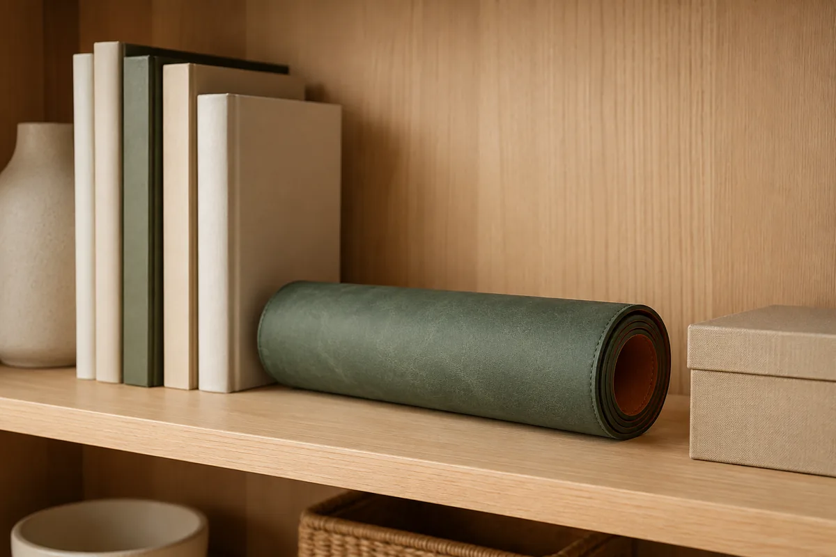 Sous-main vert kaki roulé en cylindre souple et rangé horizontalement sur une étagère en bois clair, à côté de quelques livres