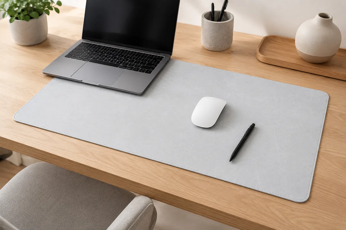 Poste de travail minimaliste avec un sous-main gris clair sur un plateau en bois blond, ordinateur portable, souris et stylo