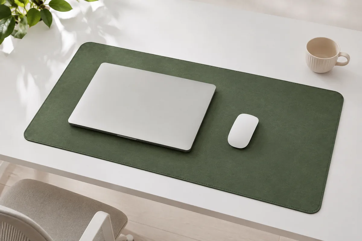 Sous-main vert foncé kaki sur un grand bureau blanc mat, créant une zone de travail nettement contrastée, avec ordinateur portable et souris