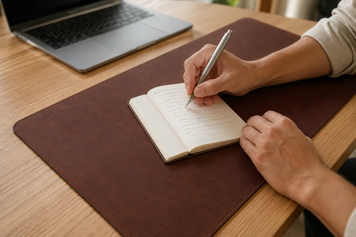 Personne écrivant au stylo dans un carnet posé sur un sous-main en cuir PU brun foncé, l'avant-bras reposant sur la surface