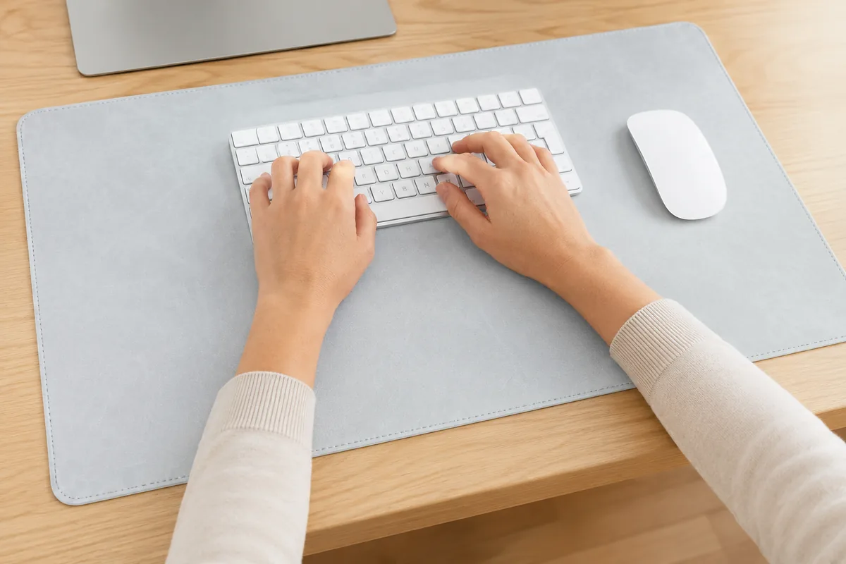 Vue du dessus de deux avant-bras utilisant un clavier compact posé sur un sous-main gris clair, les poignets reposant sur la surface