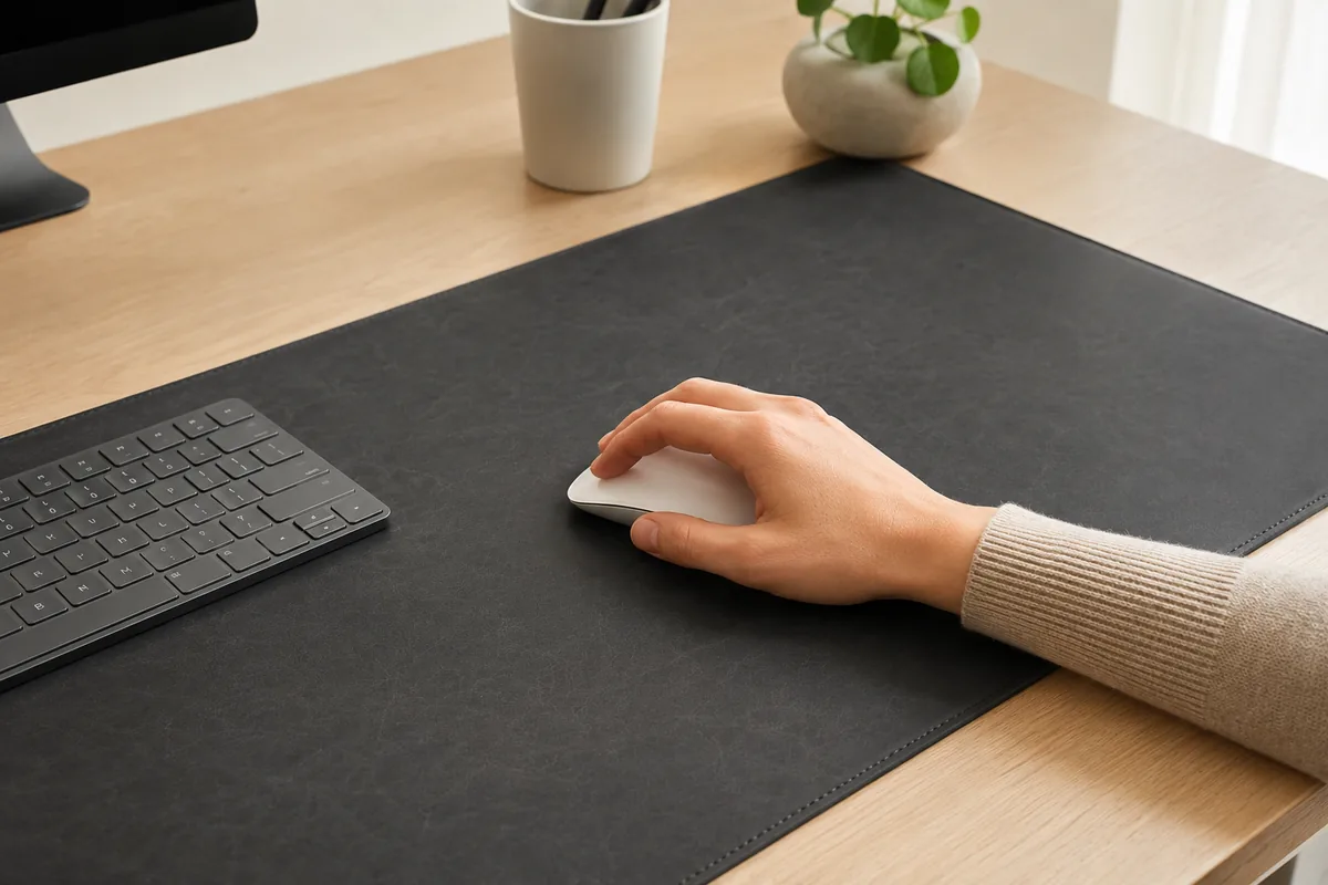 Main déplaçant une souris blanche directement sur un sous-main en cuir PU foncé, sans tapis séparé