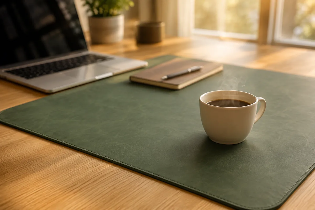 Tasse de café chaud posée directement sur un sous-main vert kaki, une légère vapeur s'en échappant, le plateau en bois n'étant jamais en contact avec la tasse